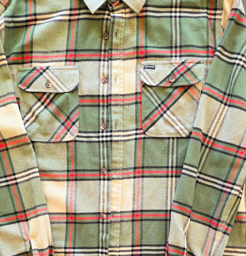 Brixton Bowery Long Sleeve Standard Fit Plaid Flannel Shirt Green Red Whitecap